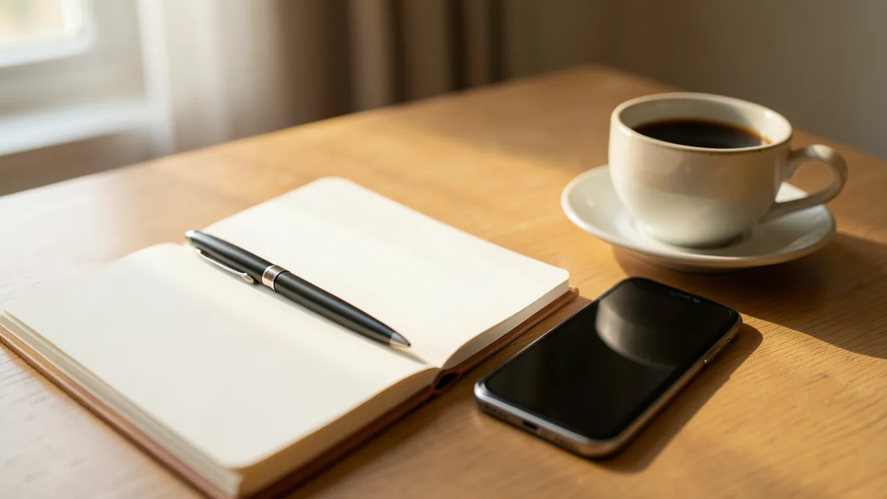 Mesa de trabajo con una libreta abierta en blanco, un bolígrafo, una taza de café y un teléfono móvil boca abajo, iluminada con luz cálida