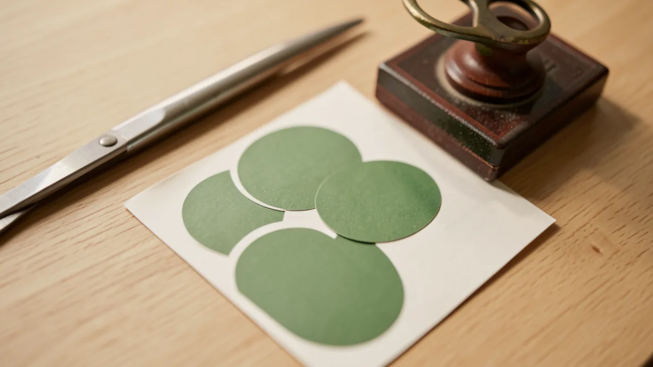 Hoja de pegatinas redondas de color verde sin impresión junto a unas tijeras y un tampón de tinta sobre una mesa de madera clara