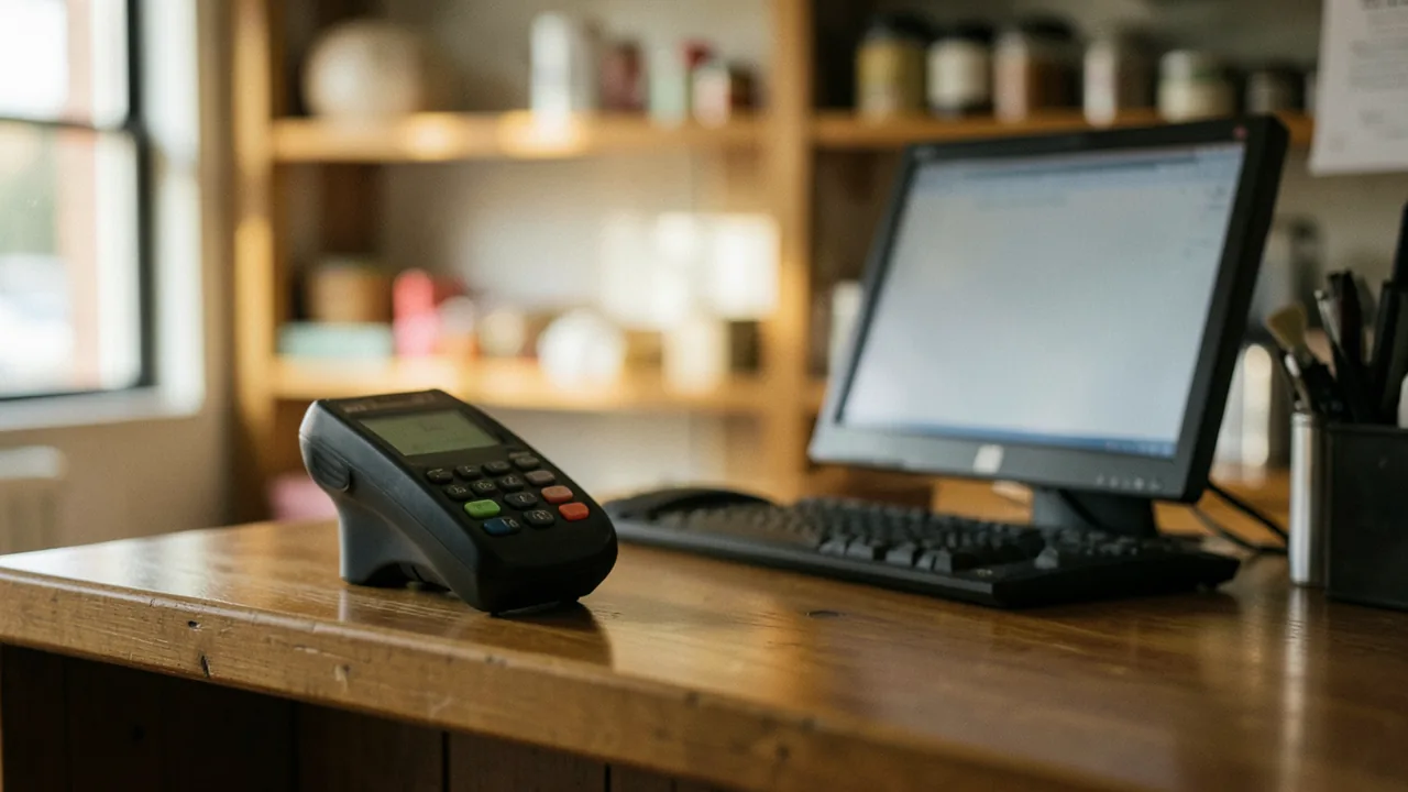 Terminal de punt de venda i ordinador al taulell d'un comerç petit