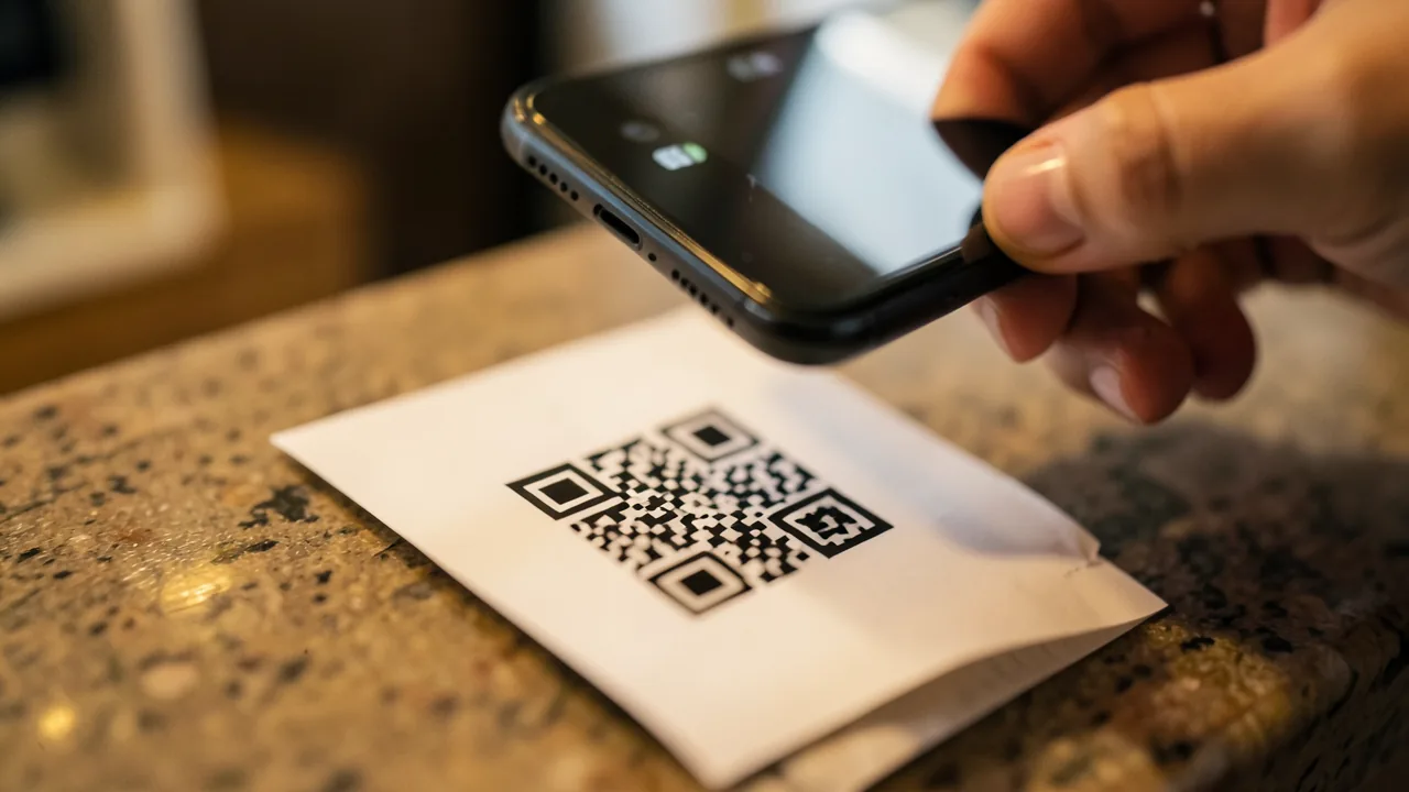 Mòbil escanejant el codi QR d'un tiquet imprès damunt del taulell d'un comerç