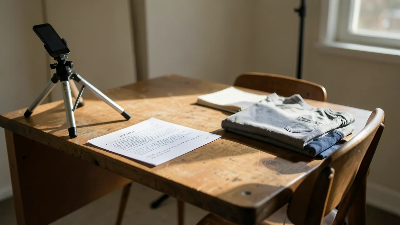 Mesa con notas, móvil en un trípode y ropa de recambio preparada para una sesión de grabación