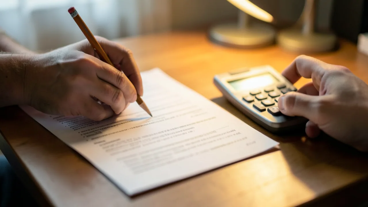 Mans amb un llapis i una calculadora al costat d'una factura impresa sobre un escriptori de fusta