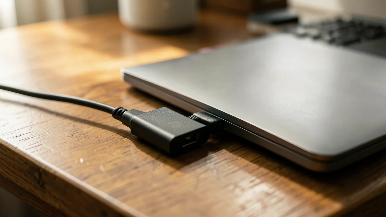 Disco duro externo conectado con un cable a un portátil cerrado sobre una mesa