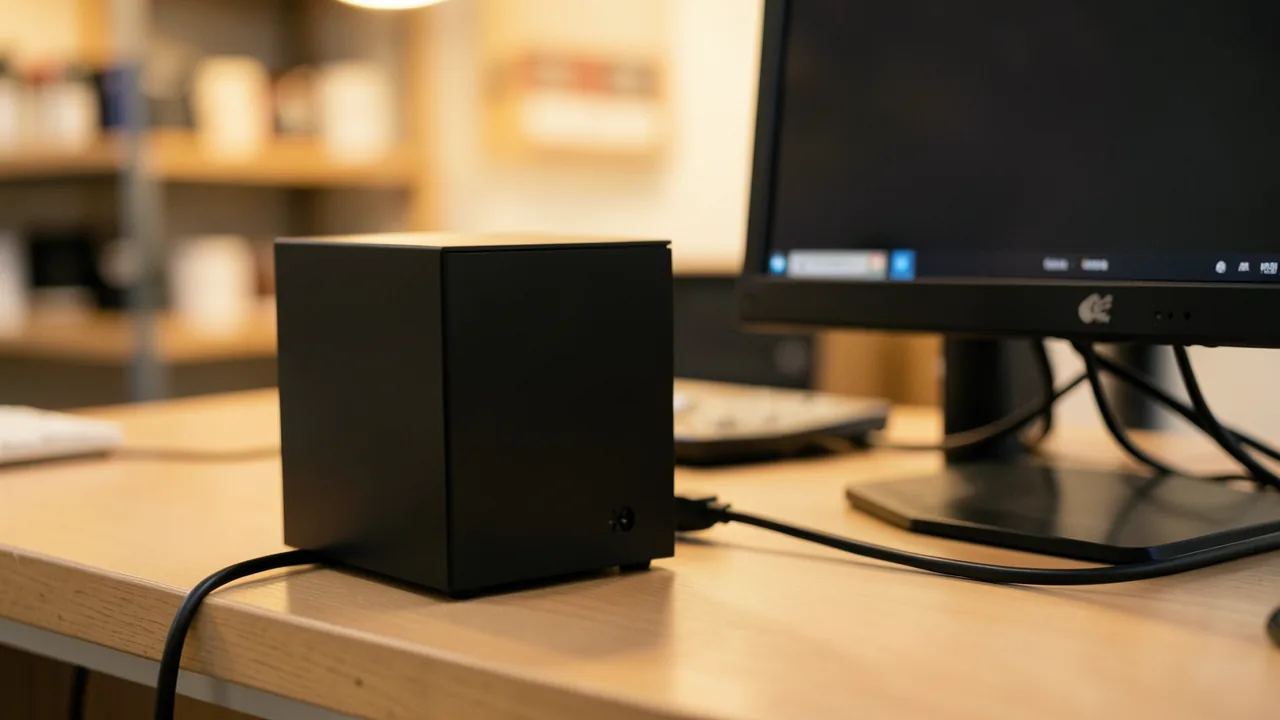Ordenador compacto de pequeño tamaño junto a un monitor sobre un mostrador