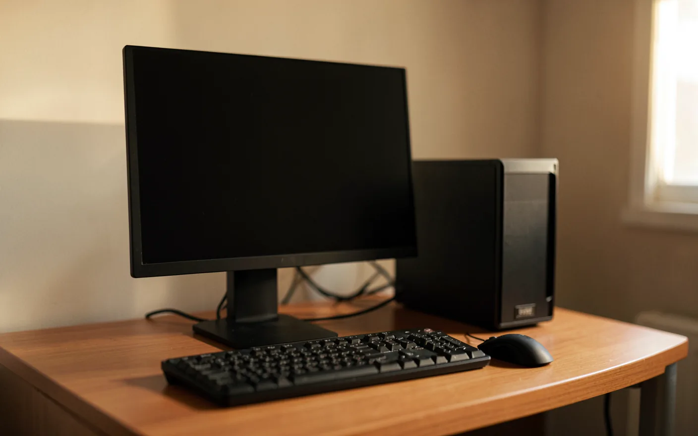 Ordinador de sobretaula amb el monitor apagat en un despatx amb llum de tarda