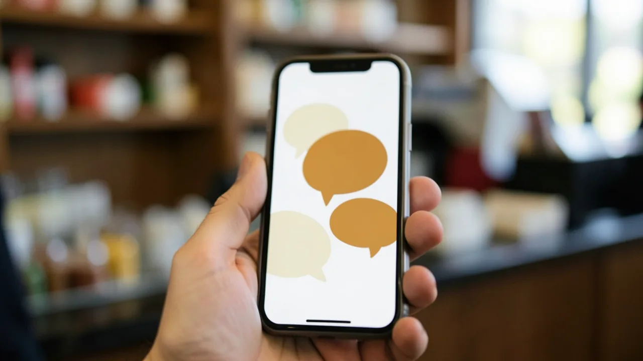 Mà sostenint un mòbil amb una conversa oberta davant del taulell d'un local